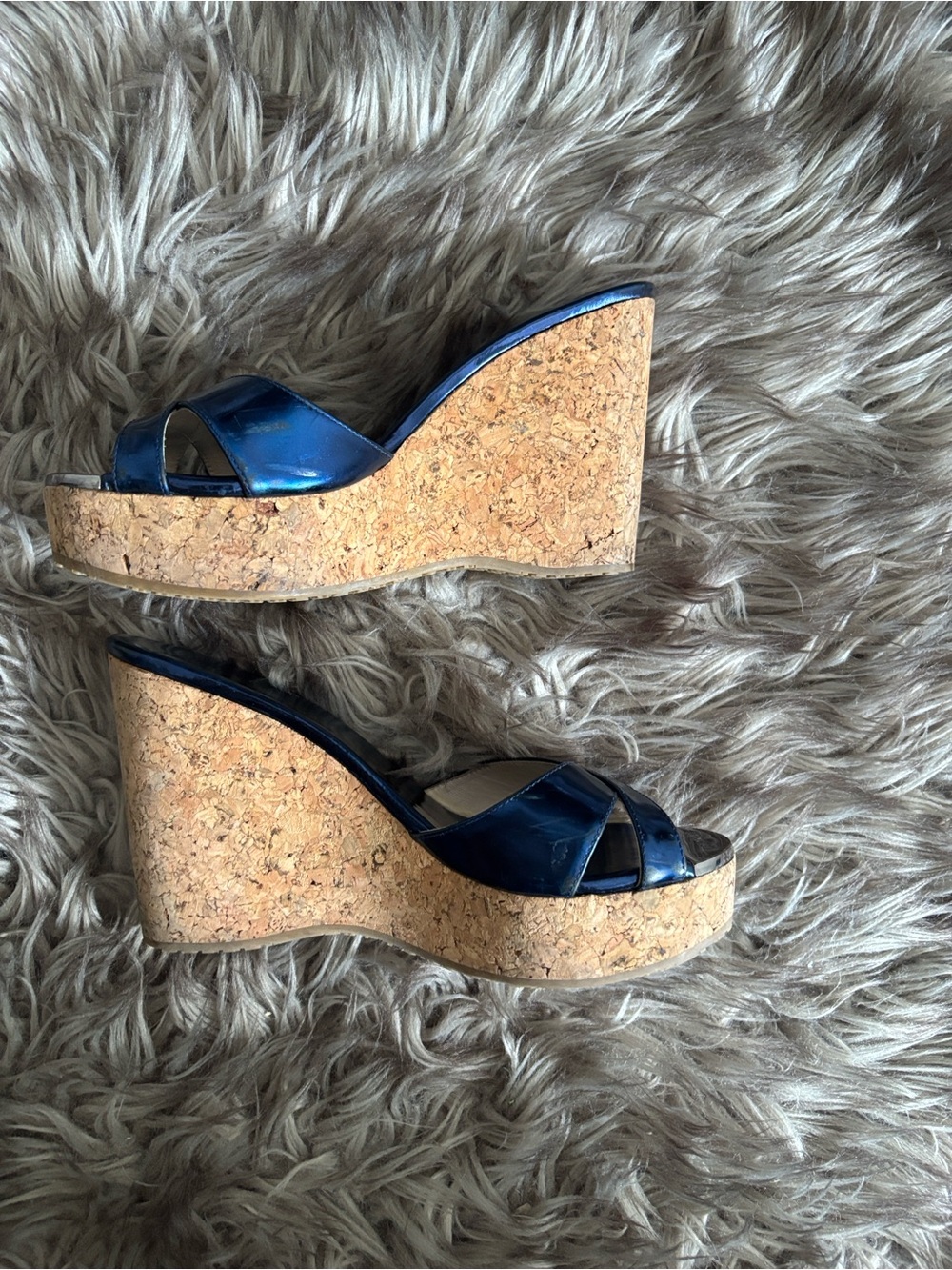 Jimmy Choo Prima Metallic Blue Patent Leather Cork Wedge Sandals EU 37 - Picture 3 of 5